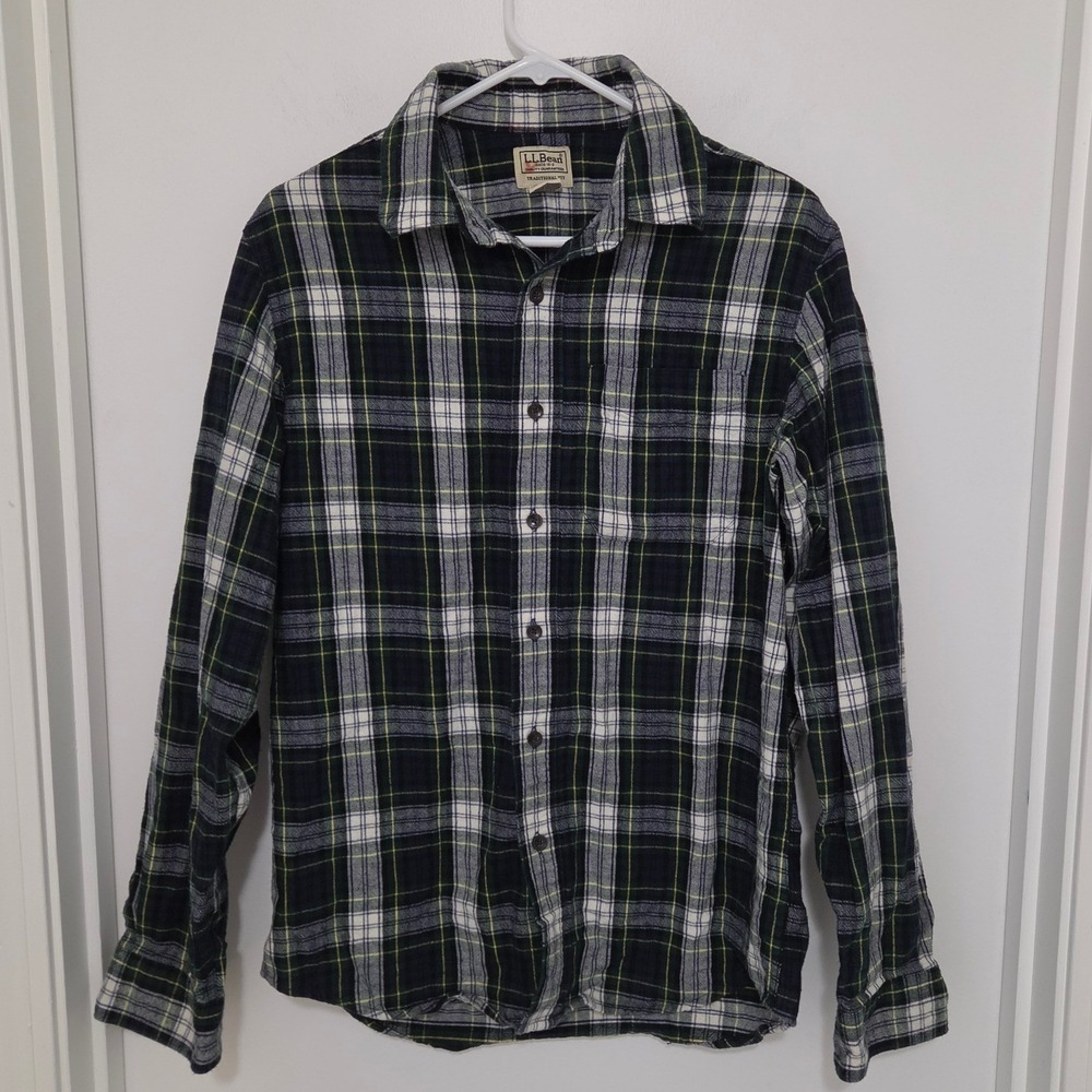 LL Bean Mens Traditional Fit Plaid Flannel Shirt Navy Green 228061 Small Regular
